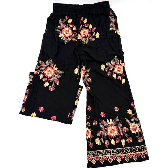 Liv Los Angeles Other - Liv Los Angeles Anthropologie Embroidery Palazzo Pants Floral Boho Black PM